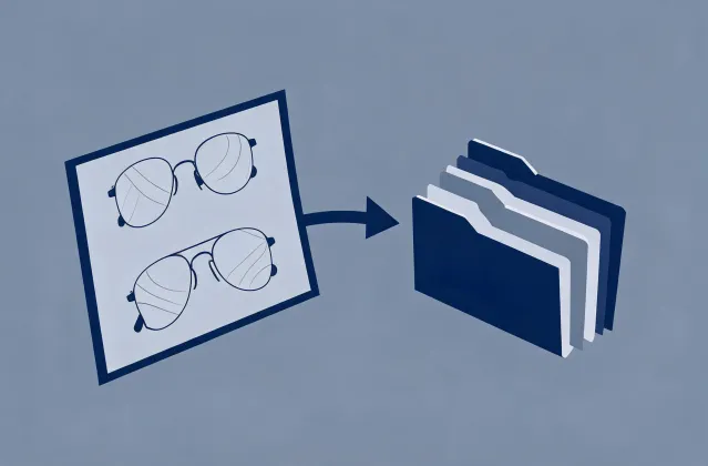 Illustration of a progressive glasses specification brief handing off to quotation folders